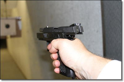 Even one handed the low bore axis of the P-07 Duty makes muzzle flip manageable for a polymer framed gun. Even one handed the low bore axis of the P-07 Duty makes muzzle flip manageable for a polymer framed gun.