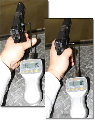 The double action first shot pull of the P-07 Duty is extremely smooth and consistent and broke cleanly at just over 11 lbs. The single action pull has virtually no creep and broke at consistent 4 lbs., 8-10 ounces. The double action first shot pull of the P-07 Duty is extremely smooth and consistent and broke cleanly at just over 11 lbs. The single action pull has virtually no creep and broke at consistent 4 lbs., 8-10 ounces.