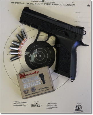 Hornady Critical Defense groups were generally like this one at 10 yards, a ragged hole measuring about one inch across. The actual physical capabilities of a pistol are hard to measure without a machine rest, but in casual shooting the P-07 Duty came out as good as any pistol I have ever shot. Hornady Critical Defense groups were generally like this one at 10 yards, a ragged hole measuring about one inch across. The actual physical capabilities of a pistol are hard to measure without a machine rest, but in casual shooting the P-07 Duty came out as good as any pistol I have ever shot.