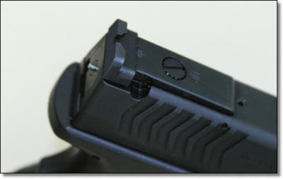 The adjustable rear sight is held by a pin that is held down in a machined slot in the slide. Out of the box you get the lowest profile sight possible, and it is of the highest quality for competition shooters. 