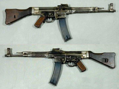This is the original MP44/StG44 from WWII. It fired a 7.92x39mm., or 8x33 Kurz, round that was a smaller version of the German 8x57, or 8mm Mauser. The Kalashnikov, or AK-47, fires a 7.62x39 cartridge, which is a smaller version of the 7.62x54 Russian. Most people consider the StG44 the original assault rifle from which all others were fashioned, but it arrived too late in WWII to make a difference in the failed Nazi war machine.