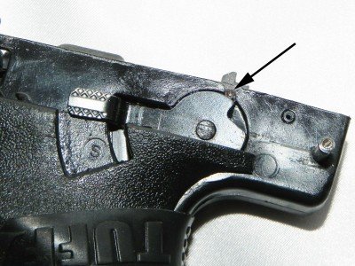 In the “safe” position, the safety lever prevents the sear from lowering and releasing the firing pin.