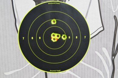 At seven yards, the XSP shoots a tight group and the fixed sights are dead on target.