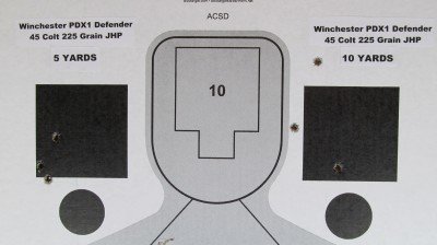 Heizer Defense PS1 Pocket Shotgun Pistol – New Gun Review Winchester PDX 45 Colt 225 grain bullets cut clean holes in the target at 5 and 10 yards. Group sizes were also slightly smaller with this load.