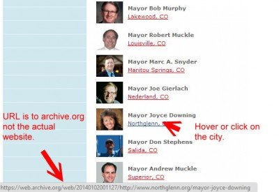 This is the list on archive.org, the one that MAIG didn't realize wasn't erased. Hover or click and you will see the page URL for the contact info for this mayor. 