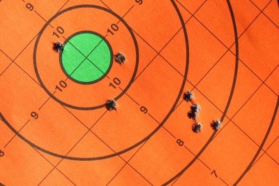 This is our sight-in target. With eight shots from 50 yards, we were well within the range needed for knocking over pigs. 