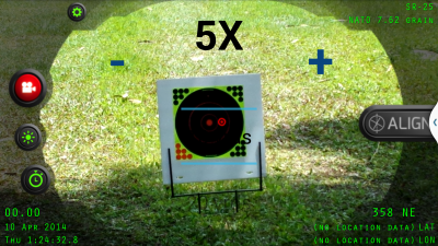 InteliSCOPE Targeting Device for Android/Apple Phones This is what the target looks like at 5x and 10yards. If you have clicked out, you have to first hit the minus then the plus to get to actual 5x instead of just it saying 5x.