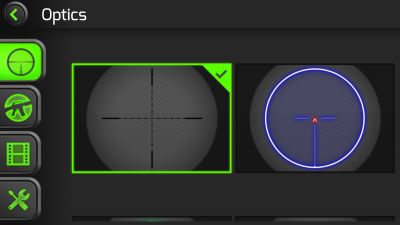 InteliSCOPE Targeting Device for Android/Apple Phones There are four different reticles. The red dot is still well over 1MOA at 5x and blots out the target at 100 yards. For that reason it isn't effective for hunting.