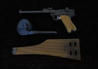 Miniature LP08 Luger Artillery Pistol with Stock-board and Snail drum magazine. 1/20 Scale.  Miniature Rifles/Pistols/Shotguns
