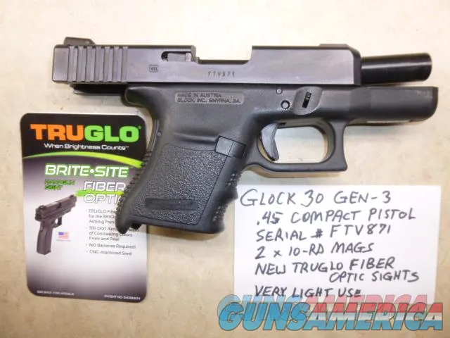 Used Glock 30 .45 Cal Pistol w Fiber-Optic Sights, 2 x Mags & Glock Box