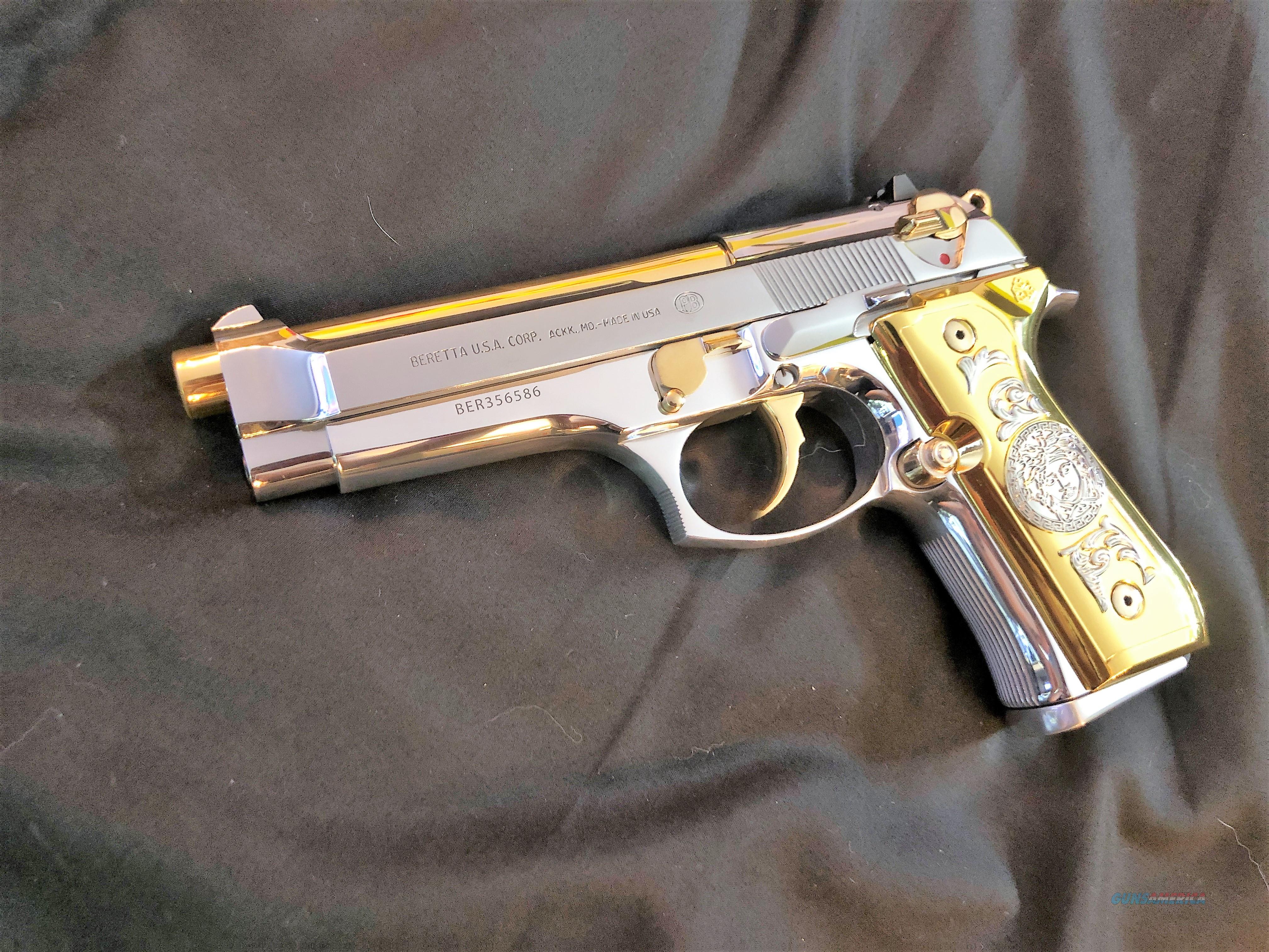 Gorgeous Beretta 92 Custom 24k Gold And Bright Stainless Versace Grips
