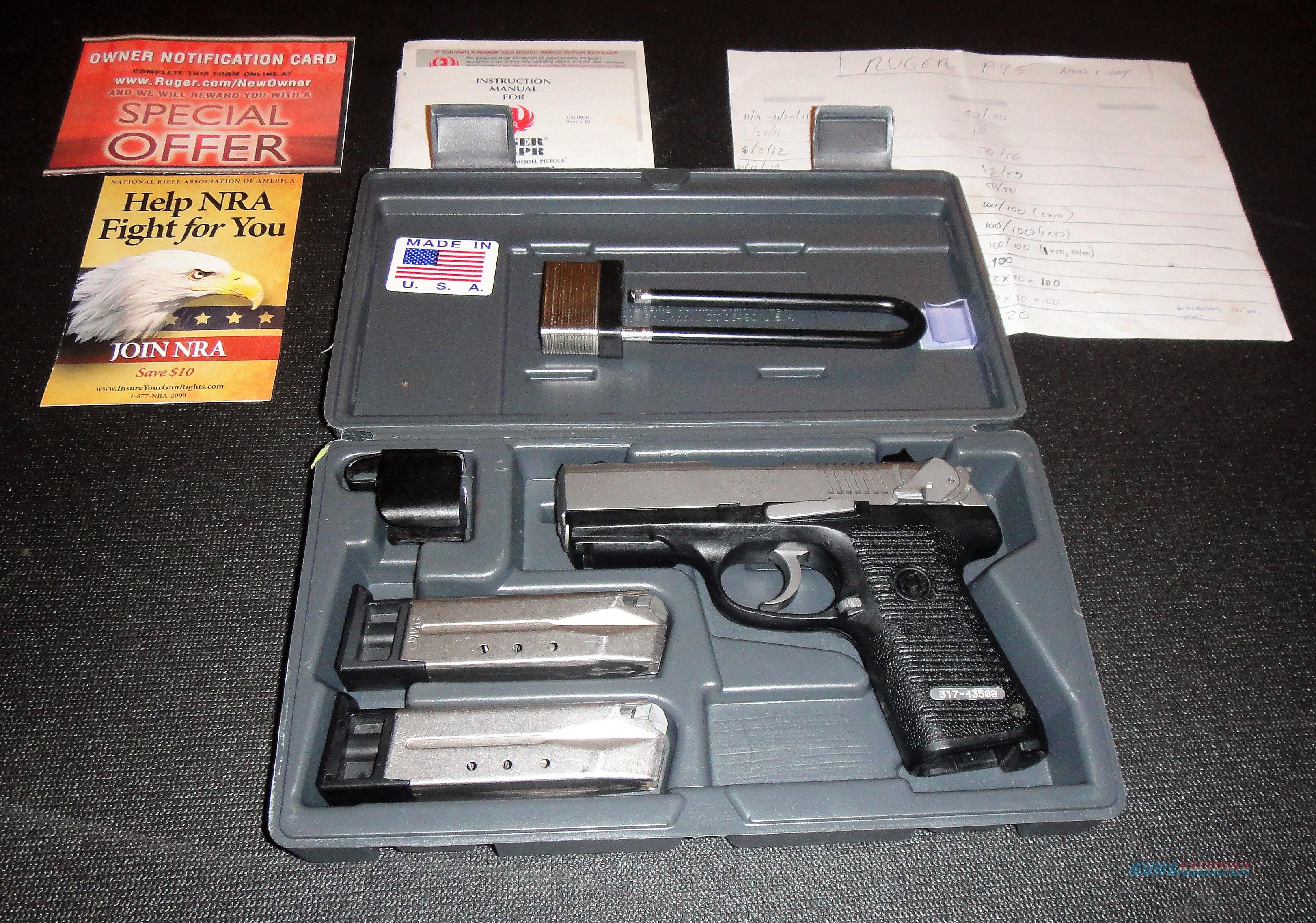 Ruger P95 9mm Nickel Finish w/ 3 mags - Hard Case - Manual + Holsters