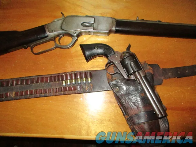 Colt SAA 1st Gen and Winchester 1873 matching caliber set 38-40+ Holster