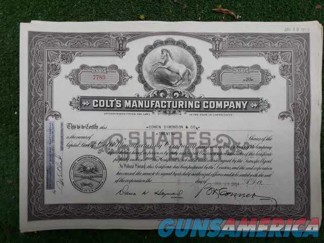 Colt Firearms Stock Certificate
