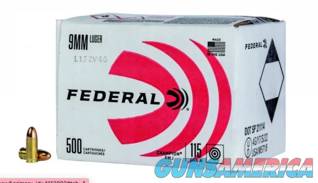 Federal, Champion, 9mm Luger, 115 Grain, Full Metal Jacket, 500 Round Box