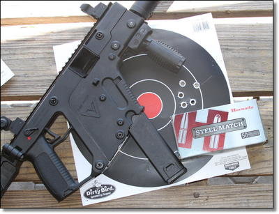 I was able to easily keep the KRISS within a two inch circle at 25 yards. The manufacturer recommends 230 grain roundball, but I think that is just because they are Swiss and the Geneva convention stipulates no hollowpoints. These Hornady Steel Match hollowpoint rounds shot really well in the gun. I was able to easily keep the KRISS within a two inch circle at 25 yards. The manufacturer recommends 230 grain roundball, but I think that is just because they are Swiss and the Geneva convention stipulates no hollowpoints. These Hornady Steel Match hollowpoint rounds shot really well in the gun.