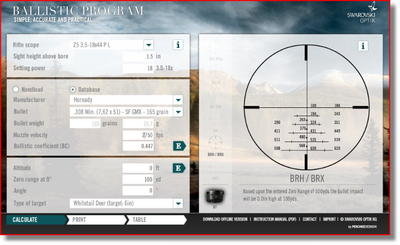 This is the Swarovski Ballistics Calculator. As you can see, the BRX/BRH reticle have holdover lines, and the calculator will tell you what those lines correspond to downrange with your given ammo and conditions.