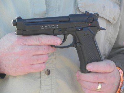 Chiappa has a new rimfire version of Beretta’s M9 pistol called the M9-22,  The heft, balance, and operation exactly mimic the centerfire gun.