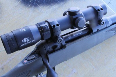 The review rifle at Media Day at the Range, SHOT Show 2012 had a Leupold Hog scope on it. It is a 1.25-4 power optic with an LED powered center dot.