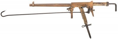 Included in the auction are several of the more curious guns and gun-like items such as this F.C. Taylor Fur Getter Trap Gun. In use, bait was put on the hook and when the animal took the bait, it pulled the trigger firing the gun. The result probably does not need explanation.