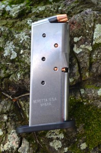 The Nano’s stainless–steel magazines hold six rounds of 9mm.