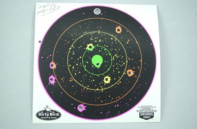Eight shots of Hornady .38 spcl. +P starting at ten feet and advancing a little more than a foot towards the target with each shot. The gun was not aimed but merely drawn and pointed at the target as you might do in a fast-developing self-defense situation. The last shot was in the green bullseye. The specks surrounding it were from the powder residue in the muzzle blast.