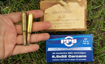 Oswald's rounds were similar to these Italian military rounds from WWII.  The bullet is 160gr. and made for the rifling of the Carcano, which is gain twist in some models but may or may not be in the the 38. In gain twist, toward the breech the rifling starts out around 1:30 and gets tighter as the bullet exits to about 1:12. The test rifle does not appear to have gain twist, but I can't say I've ever seen what it looks like down a bore.  Our modern 123gr. Prvi Partisan ammo is made more for a standard rifle twist. 