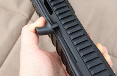 The cocking handle comes installed on the left side for right-handed shooters. It is swapable for lefties. 