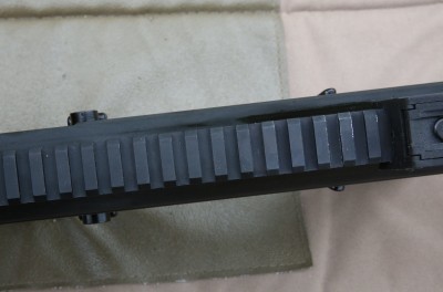 This is a top down view of the gun. As you can see the bolt release and safety lever are on both sides. 