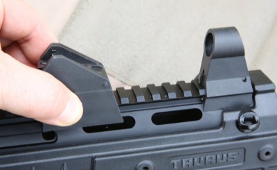 The front and rear sights are movable on the rail. 