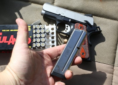 – The .40S&W mag holds 8, the 9mm holds 9.  The mags extend below the grip, and we have not seen a flush mag in this proprietary design.