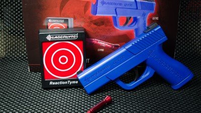 The LaserLyte Training Tyme set comes with a training pistol, the LT-PRO laser unit, the LaserLyte reaction target, and batteries for all, and you can add Plinking Cans for more training and fun.