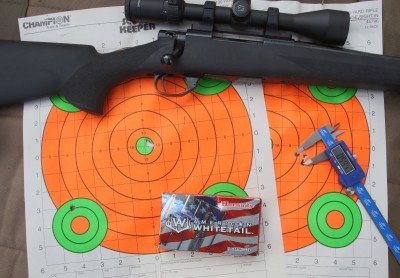 The accuracy of this rifle is phenomenal. The target on the left was one of the 50-yard initial test targets, and the one on the right was one of many that were all in the .5-.75” range at 100 yards with Hornady American Whitetail (lead not plastic-tipped ammo).