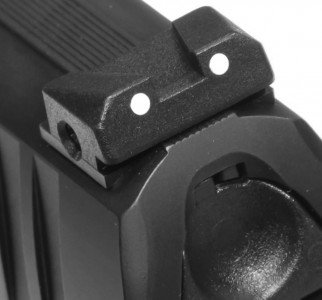 Rear polymer sight has good visibility and is adjustable for windage