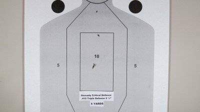 Hornady Triple Defense .410 Shotshell worked well in the PS1 with all three projectiles landing in center mass.)