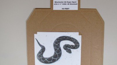 : At 10 feet, the obligatory snake target was shot with one round of Winchester AA Super Sport .410 #8 shot. The “snake” received several hits from the ½ oz. of shot.