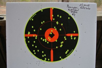 Remington Highspeed Steel 3 inch #3 shot. Pattern was shot from 25 yards using the full choke that came with the shotgun.