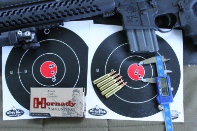 Our old standby, 75 grain Hornady Match ammo, shot about in between, generally hanging at 1MOA or slightly larger. This group on the left might have been a walker from a cold gun start with the StraightJacket.  We only had one box of this left to test with. 