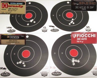 Five-shot groups from a rest at seven yards were all less than 1.5 inches. Fiocchi FMJ grouped under an inch. Sights were positioned directly under the red bulls-eye.