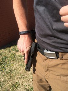 When a stiff surface is needed to rack a slide on a handgun, why not have one that also distributes the weight of the gun evenly while holding your pants up in style. The belt shown is the Ares Gear Aegis Enhanced belt.