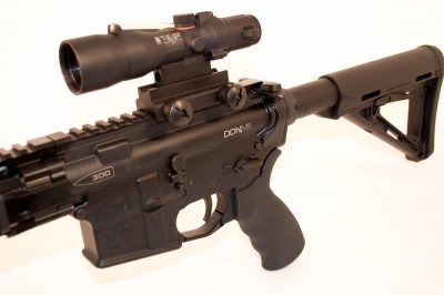 The DDM4v5-300 is shown here with a Trijicon 3x30 ACOG with a special 300 Blackout reticle. It has hold points for supersonic and subsonic rounds.