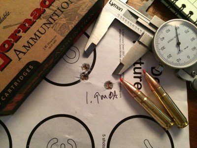The Hornady 110 grain V-MAX factory ammo performed OK with this rifle with 1.9 minute of angle groups.