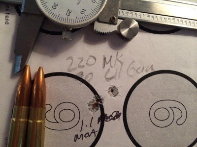 A handload using 220-grain Sierra MatchKing bullets performed exceptionally well. That’s three holes.