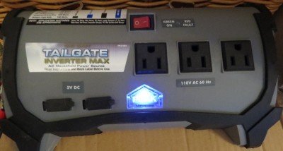 This power inverter from BJ's is overkill for this charge controller, but directly connected to the battery, its 400 watts handily powered a 50" flatscreen for hours. 