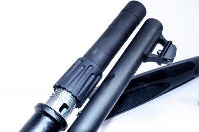 I installed this Nordic Components 2 round extension. I'm showing it going on here without the forend in place so you can see better. Normally you'd put the fore end stock on, then screw the extension tube in place!