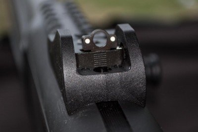 The rear sight is a large ghost ring and is adjustable for windage and elevation.