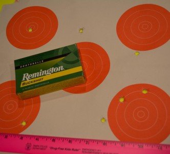 Remington 2 ¾" 9-pellet 00 buckshot at 20 yards.