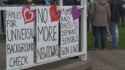 Signs at a pro-gun control protest following the mass shooting at Sandy Hook Elementary School in Newtown, Connecticut.  (Photo KEZI.com)