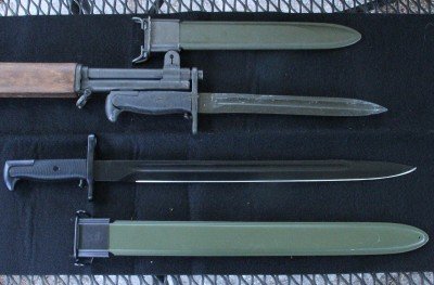 The US M-42 bayonet was made for the M1 Garand, and also fits the M-1903 Springfield. The original design had a 16" blade, but most were cut down to 10" in 1943. This is a reproduction of the original 16" length. 