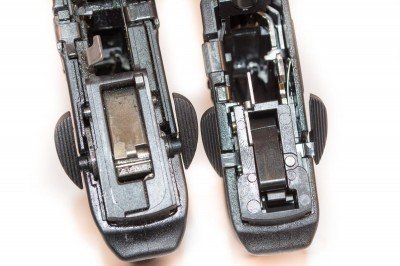 If you look carefully, you can see the metal interior of the safety on the new M&P22 Compact (right)